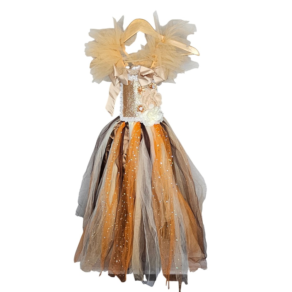 Mia Belle Girls Gold Orange Tulle Tutu Pageant Dress Size 5T Glitter Floral Bows